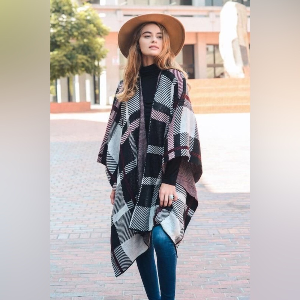 OVERSIZED OPEN FRONT PLAID PONCHO IN BLACK, RED, AND WHITE ONE SIZE FITS ALL